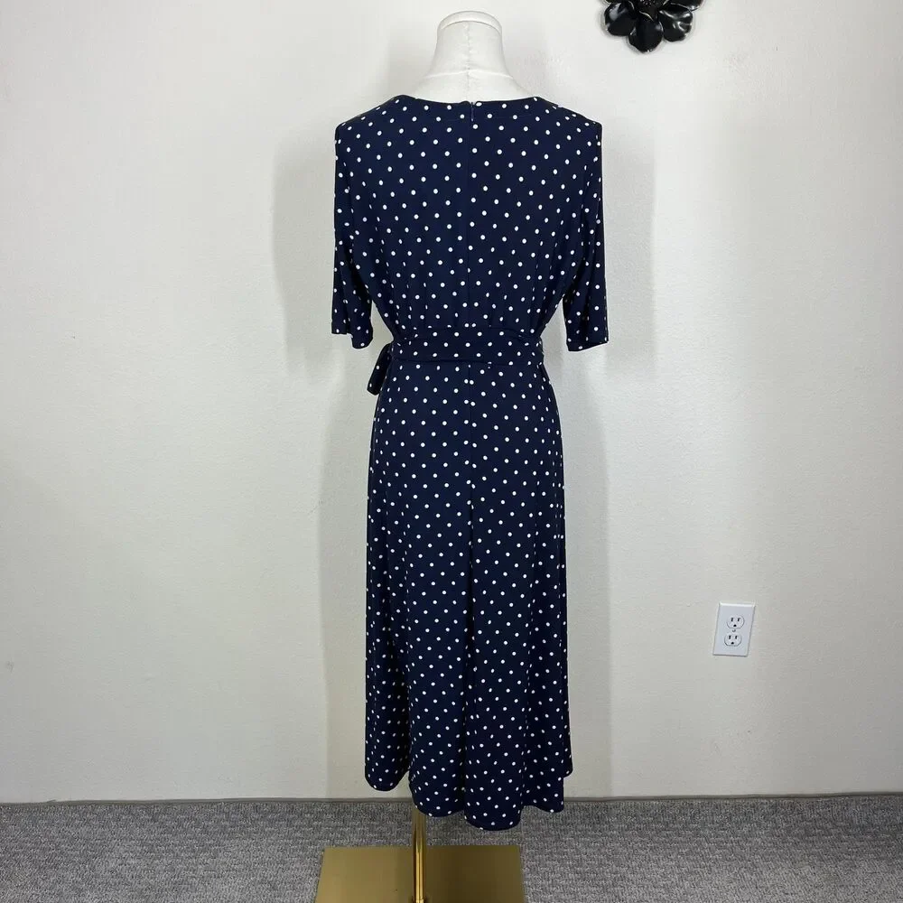 Anne Klein Dress Womens 10 Blue Polka Dot Belted Midi Fit Flare Work Office - Picture 2 of 8